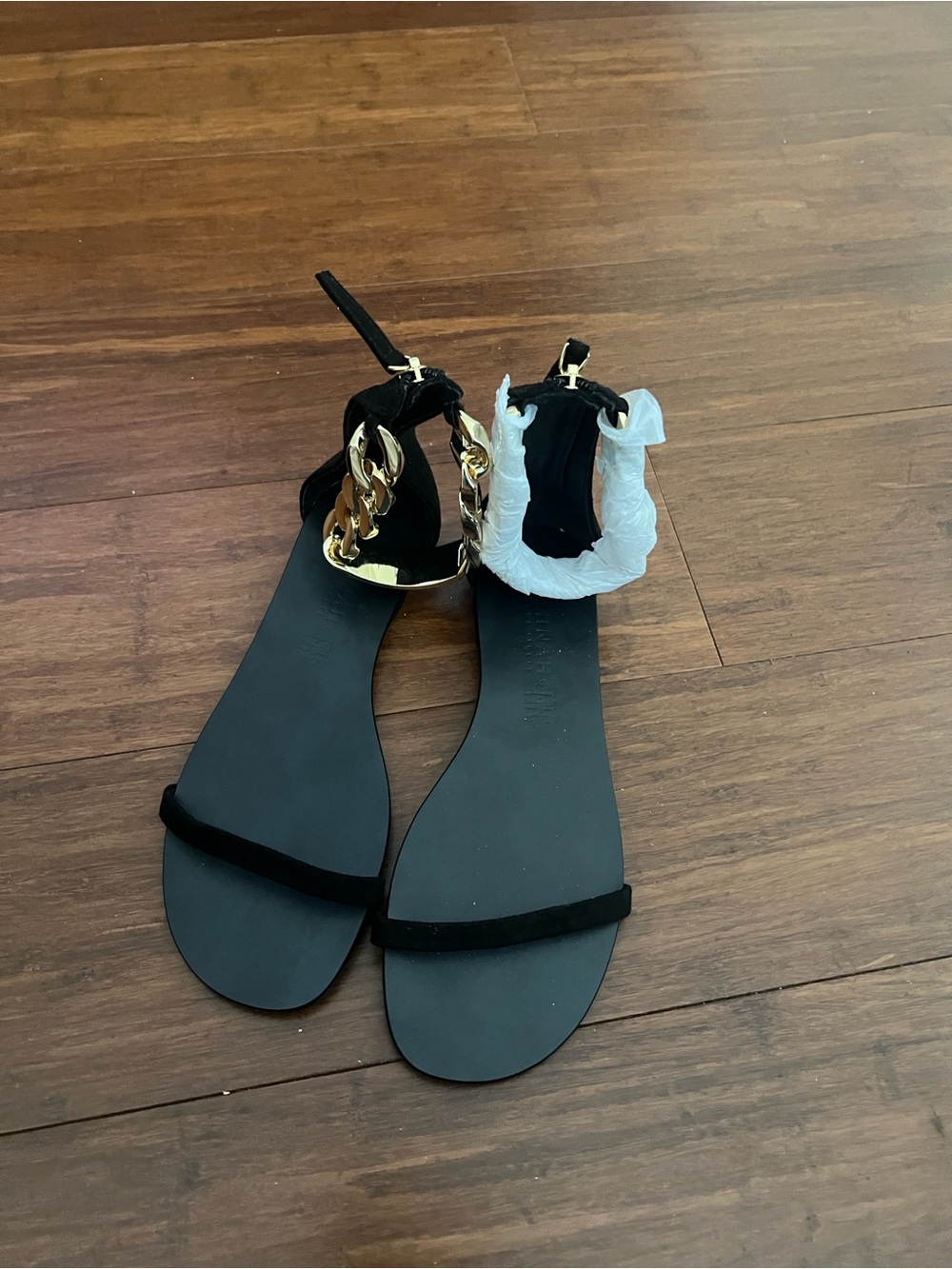 INC International Concepts Black Flat Sandals with Gold Chain Ankle Detail